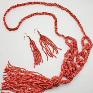 Seed Bead Statement 32" Necklace 5 " Tassel & 3.5" Drop Earrings Coral Pink tone